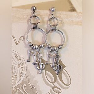 Vintage Silver Tone Musical Symbol Dangle Earrings